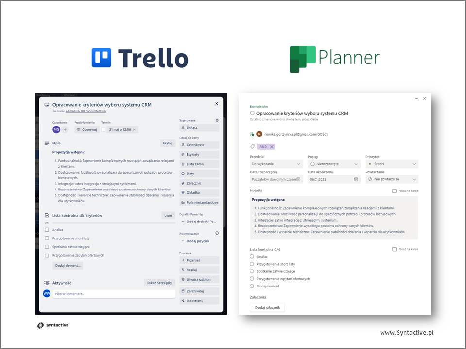 Ilustracja zawiera zrzuty za aplikacji Trello, gdzie przedstawiona jest karta, oraz z plikacji Palnner, gdzie przedstawiony jest zadanie. Podstawową jednostką pracy w aplikacji Trello jest „Karta”, które w MS Planner odpowiedna „Zadanie”. 