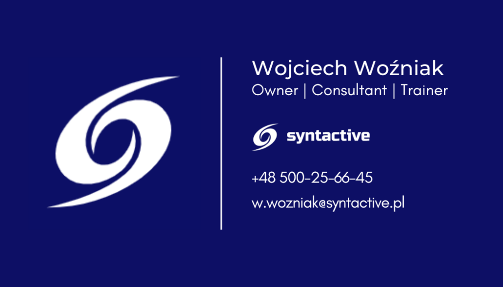 Wizytówka Wojciech Woźniak trener konsultant i właściciel firmy Syntactive telefon 500256645 mail w.wozniak@syntactive.pl